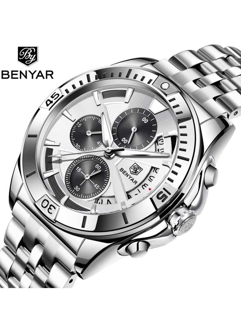 BENYAR Watches for Men Watch Quartz Luxury Stainless Steel  Water Resistant Chronograph Watch 5180 Black - Image 1