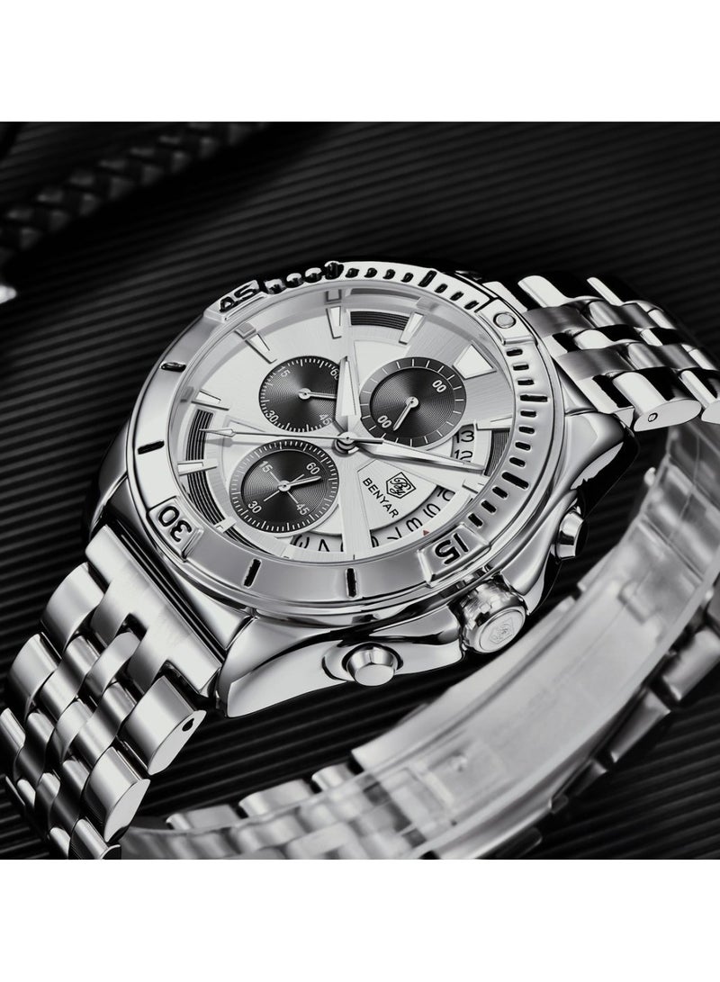 BENYAR Watches for Men Watch Quartz Luxury Stainless Steel  Water Resistant Chronograph Watch 5180 Black - Image 4