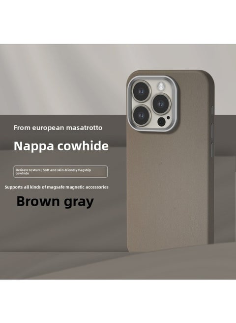 All-inclusive Fine Leather Case MagSafe Magnetic Application IPhone14pro Max Apple 15 Phone Case 13 Solid Color-Color:XYM Fine Leather Brown Gray-Applicable Model:15Pro (without Packaging)