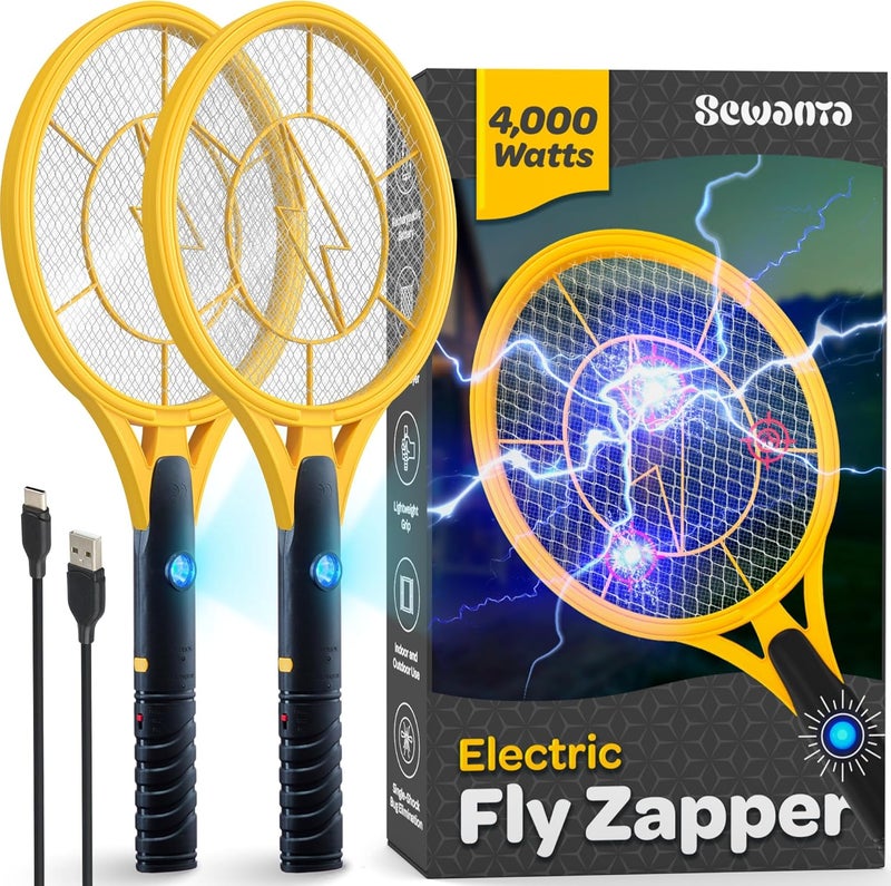 SEWANTA Electric Fly Swatter [Set of 2] Handheld Bug Zapper Racket for Indoor/Outdoor - 4000 Volt Swatter - Instant Bug & Mosquito Killer with Attractant LED Light - USB Rechargeable Portable Fly Zapper. - Image 1