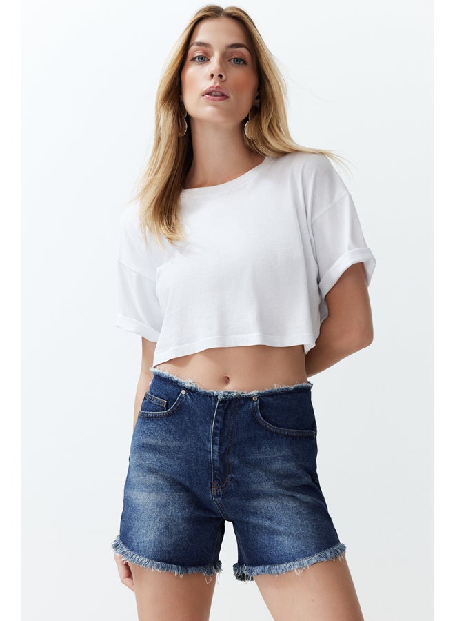 trendyol Blue More Sustainable Waist Tasseled Denim Shorts & Bermuda TWOSS24SR00056  - Image 1