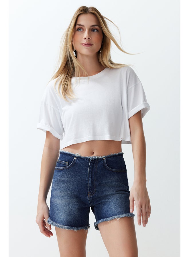 trendyol Blue More Sustainable Waist Tasseled Denim Shorts & Bermuda TWOSS24SR00056  - Image 2
