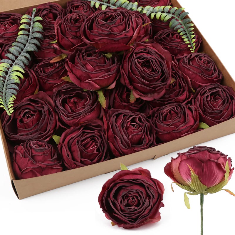 IPOPU Burgundy Flowers Artificial Rose Heads 25pcs Silk Flower Heads Bulk Dried Burgundy Silk Flowers for Artificial Bouquet Wedding Fake Flower Heads for Flower Wall Decor Bridal Shower Burgundy