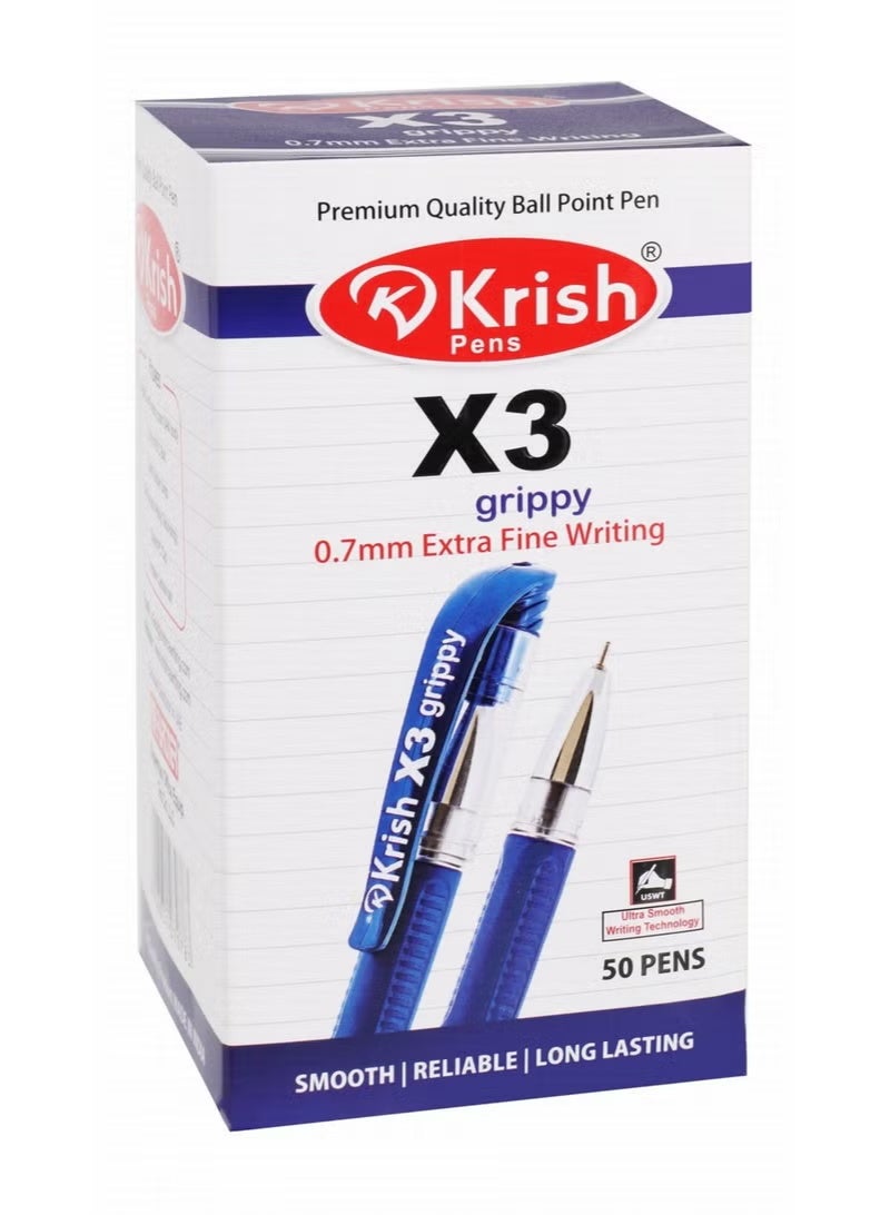 كريش قلم حبر جاف Krish X3 بمقبض مريح، رأس 0.7 مم، حبر أزرق (عبوة تحتوي على 50 قطعة) - Image 1