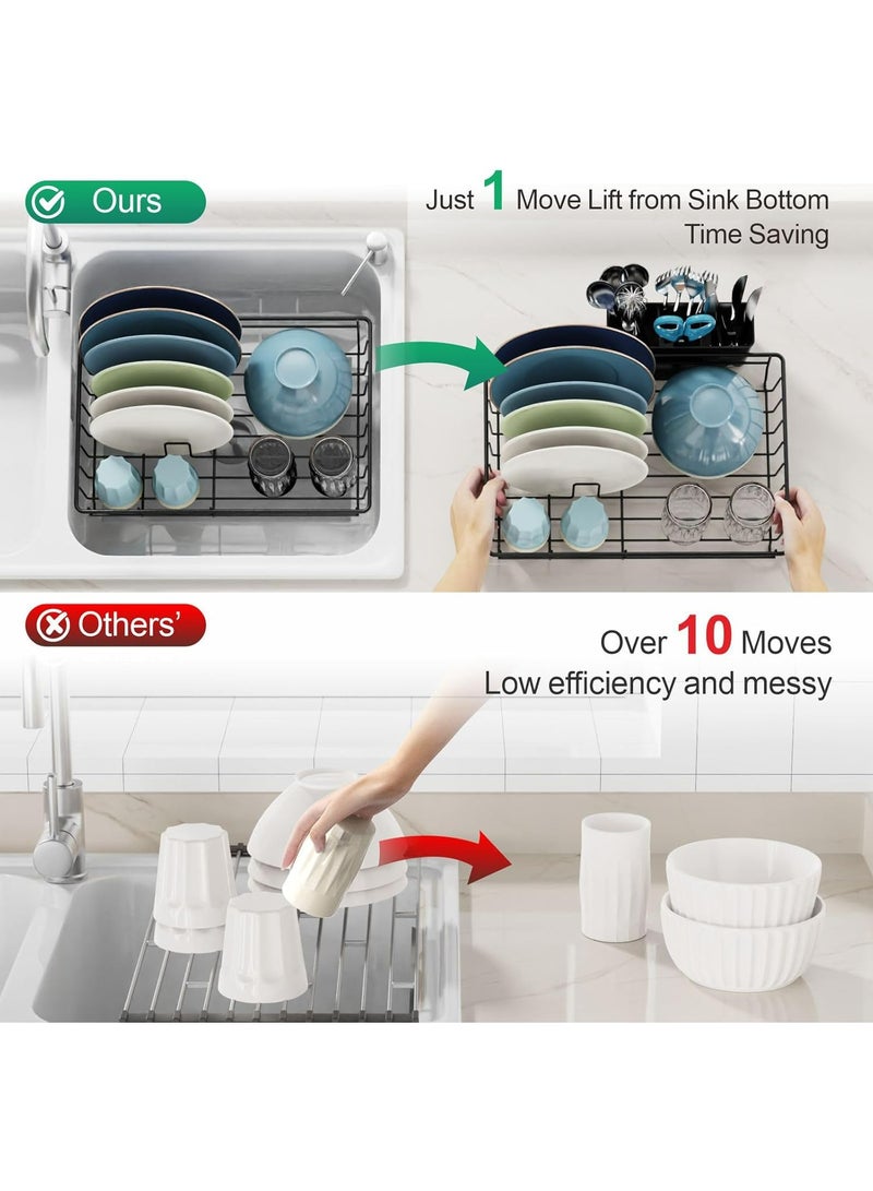 Toshionics Small Dish Drying Rack in Sink - Kitchen Counter Dish Rack for RV Small Kitchen, 14.9" x 10.1" Dish Drainer with Drainboard, Utensil Holder, Dish Holder for Sink, Black - Image 4