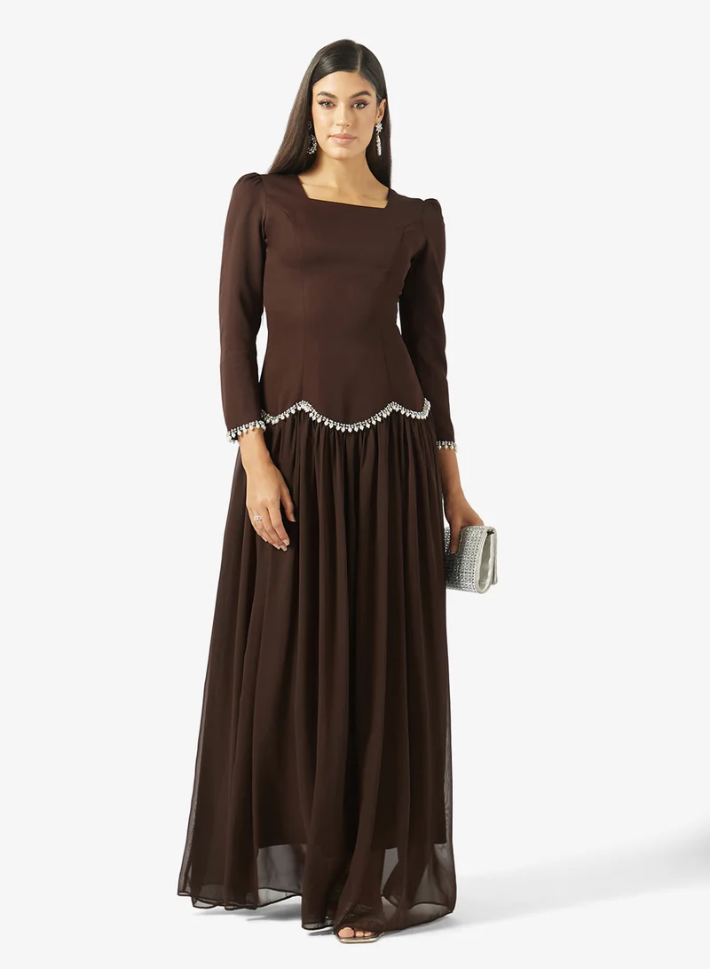 Akadia Fashion  SQUARE NECK PEARL DETAILS CREPE DRESS for Women | Best Price UAE
