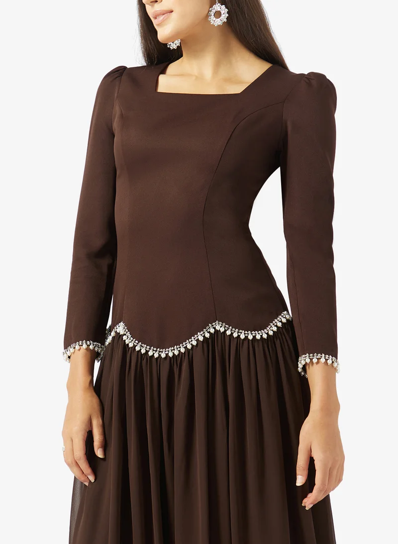 Akadia Fashion  SQUARE NECK PEARL DETAILS CREPE DRESS for Women | Best Price UAE