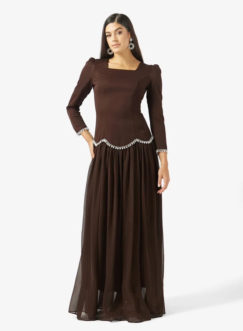 SQUARE NECK PEARL DETAILS CREPE DRESS