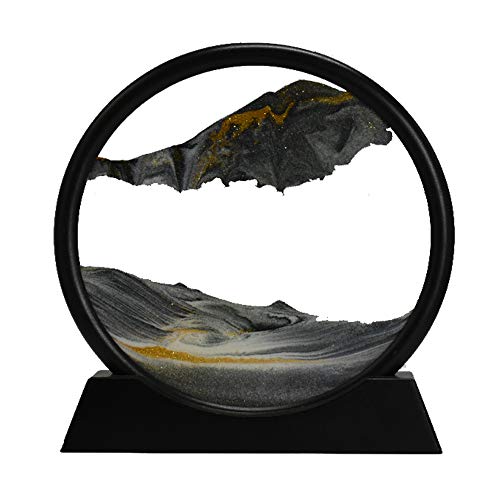 Aoderun Moving Sand Art Picture Round Glass 3D Deep Sea Sandscape in Motion Display Flowing Sand Frame Relaxing Desktop Home Office Work Decor 7 Black