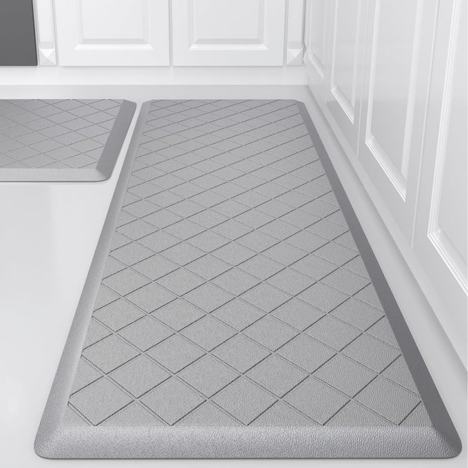 CUSHIONED KITCHEN MAT 2 PCS ANTI FATIGUE KITCHEN RUGS HEAVY DUTY NONSKID ERGONOMIC COMFORT FOAM KITCHEN FLOOR MAT FOR HOME OFFICE SINK LAUNDRY GREY