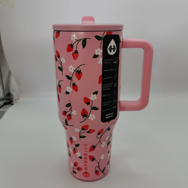 32OZ/40OZ Large Capacity Insulated Car Cup with Handle and Leak-Proof Lid, 304 Stainless Steel Thermal Tumbler, Red Strawberry
