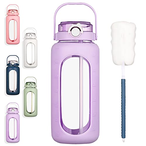BLUEGO BLUEGO 64oz Glass Water Bottles with Straw Time Marker Half Gallon Large Motivational Water Bottle with Silicone Sleeve 2 Liter Large Glass Water Jug for Gym Sports Workout Daily Purple
