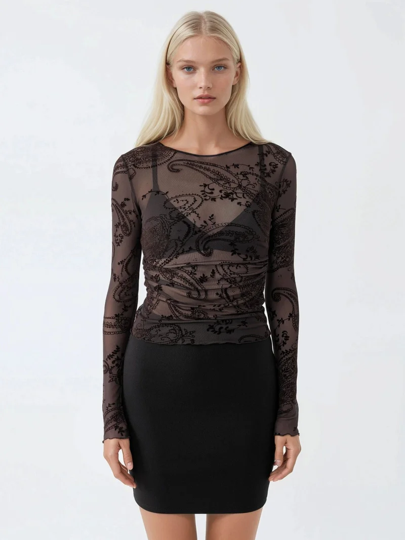 Busem BUSEM Fitted Long Sleeve Patterned Tulle Blouse