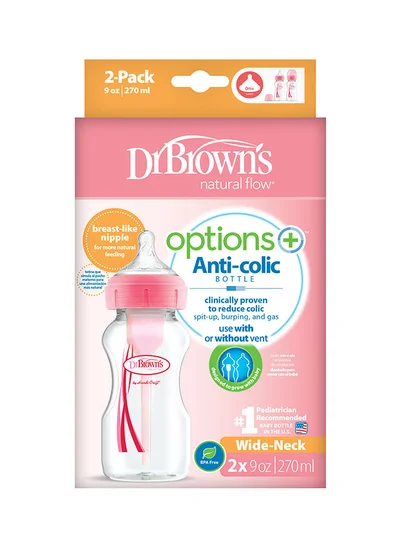 Dr. Brown’s PP Wide-Neck Options And Bottle, Pack of 2, 9 oz/270 ml - Pink