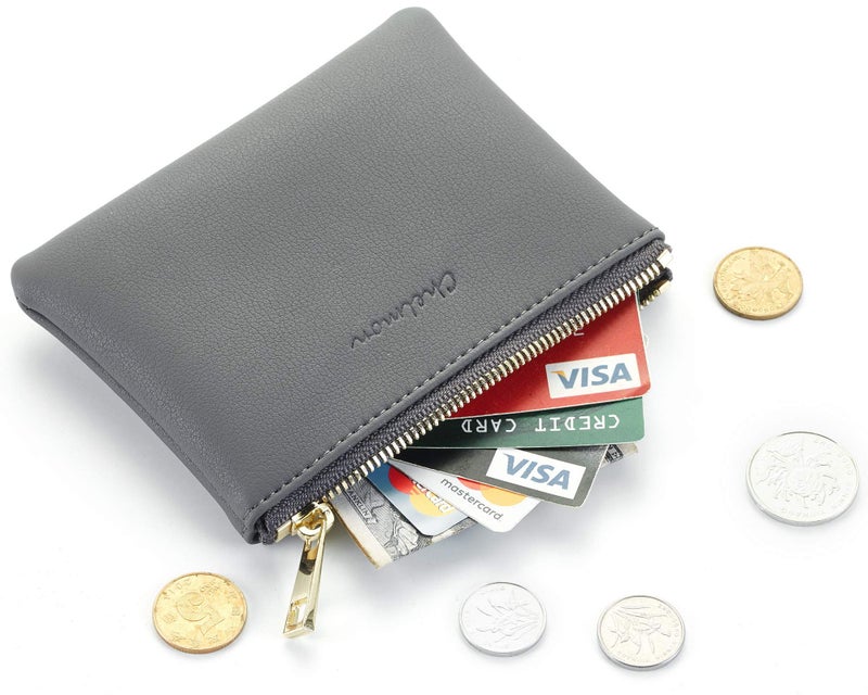 Chelmon Vegan Leather Coin Purse Pouch Change Purse With Zipper For Men Women (Grey Light) - Image 2