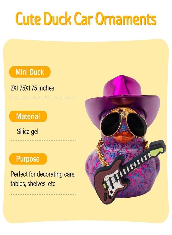 wonuu Car Decorations Laser Cowboy Hat Rubber Ducks, Dashboard Rubber Ducky for Car Ornament Cute Duck with Hat, Glasses, Necklace, Guitar (Glitter Purple) - Image 2