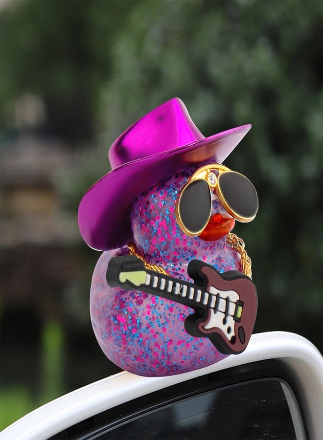 wonuu Car Decorations Laser Cowboy Hat Rubber Ducks, Dashboard Rubber Ducky for Car Ornament Cute Duck with Hat, Glasses, Necklace, Guitar (Glitter Purple) - Image 3