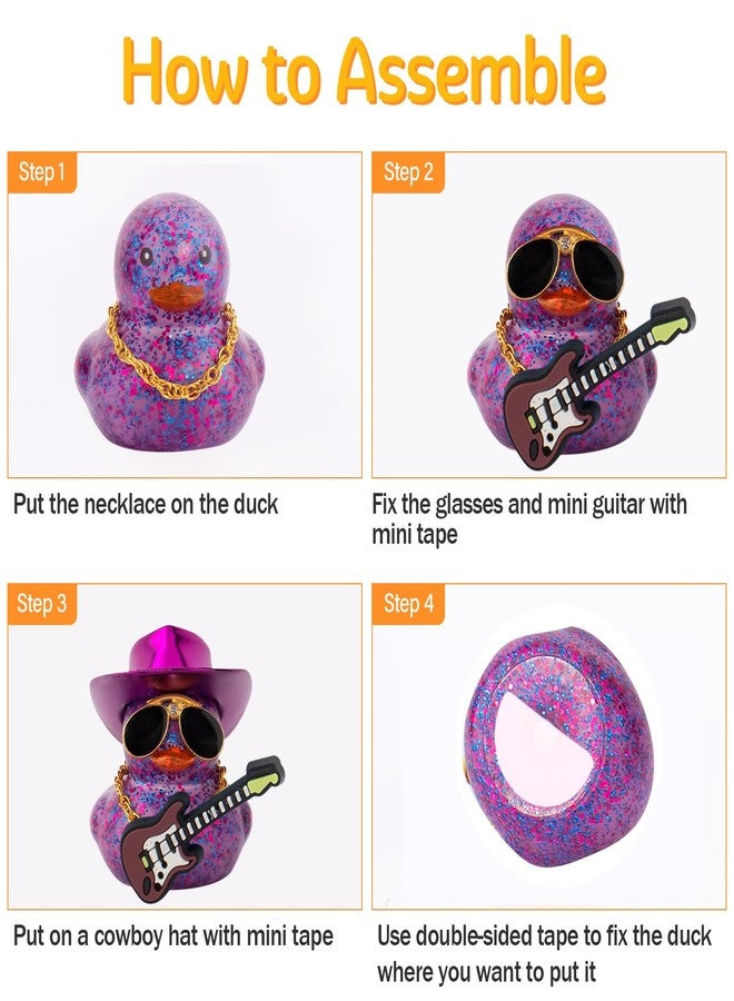 wonuu Car Decorations Laser Cowboy Hat Rubber Ducks, Dashboard Rubber Ducky for Car Ornament Cute Duck with Hat, Glasses, Necklace, Guitar (Glitter Purple) - Image 4