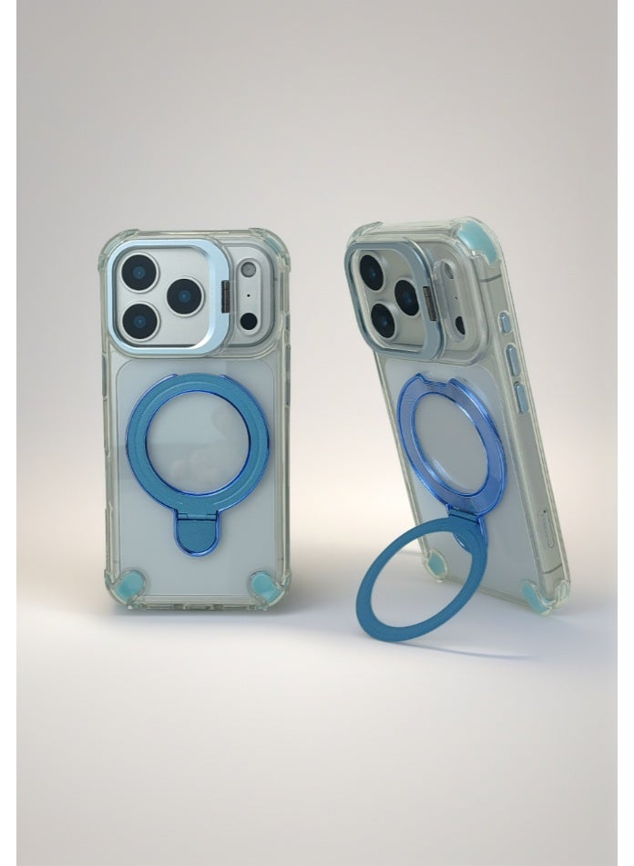 Compatible with Apple iPhone 17Pro Case with Stand, MagSafe Compatible, Transparent Back Panel, Non-Yellowing, Blue Stand - Image 1