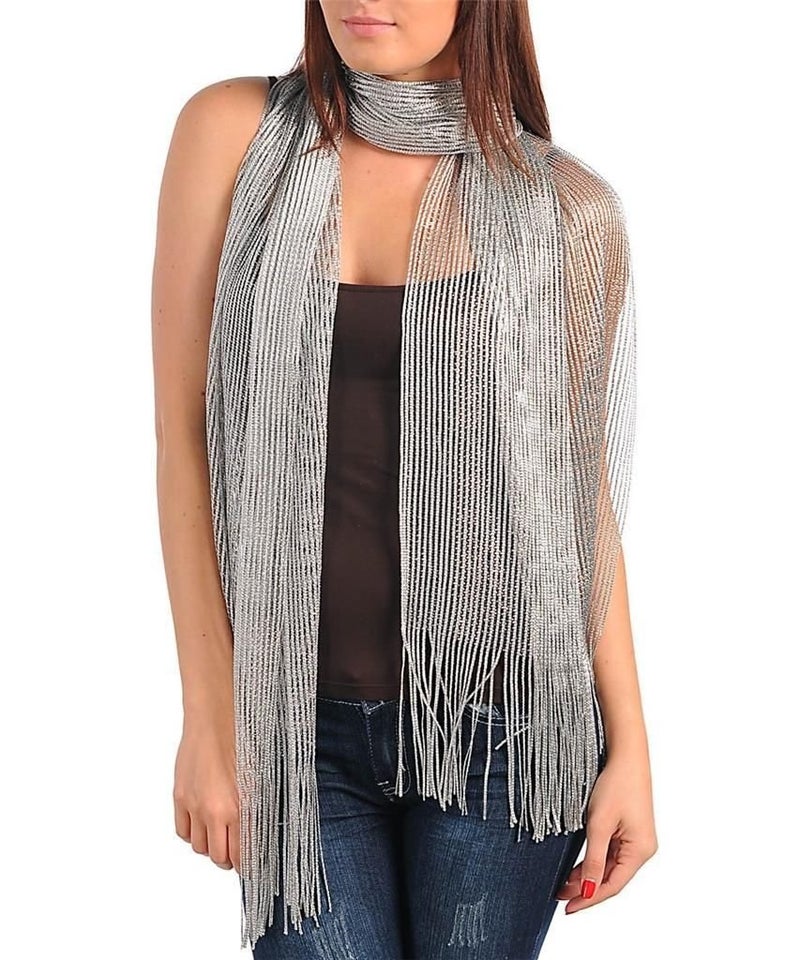 CLGIFT Silver Metallic Evening Shawl Wrap with Fringe Sheer Glitter Sparkle Shawl Wrap Fringe Prom Weddings Evening Scarfs for Women - Image 5