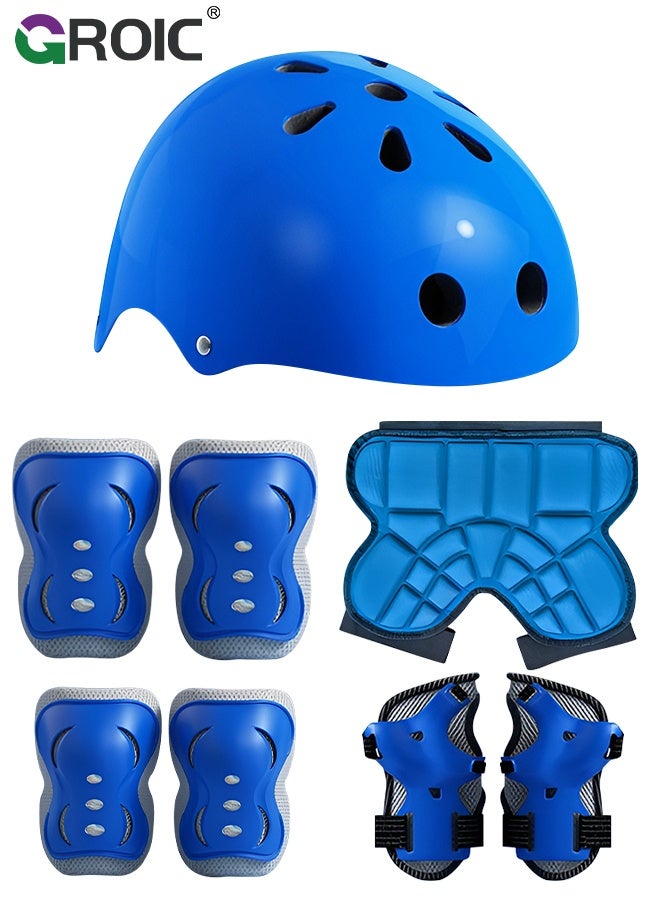 GROIC 8 Pcs Kids Helmet Set with Knee Pads Elbow Pads Wrist Guards Hip Pads, Sports Protective Gear Set for Toddlers, Adjustable Helmet for Girls & Boys for Sport Cycling Bike Roller Skating Scooter - Blue - Image 1