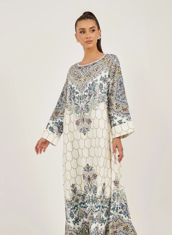 Styli  Placement Print Embellished A-Line Jalabiya for Women | Best Price UAE