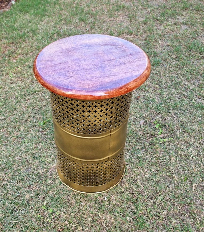pranjals house pranjals house Beautiful Metal T-Light Sitting Stool Brass Beautiful Carving Design Side Table - Image 3