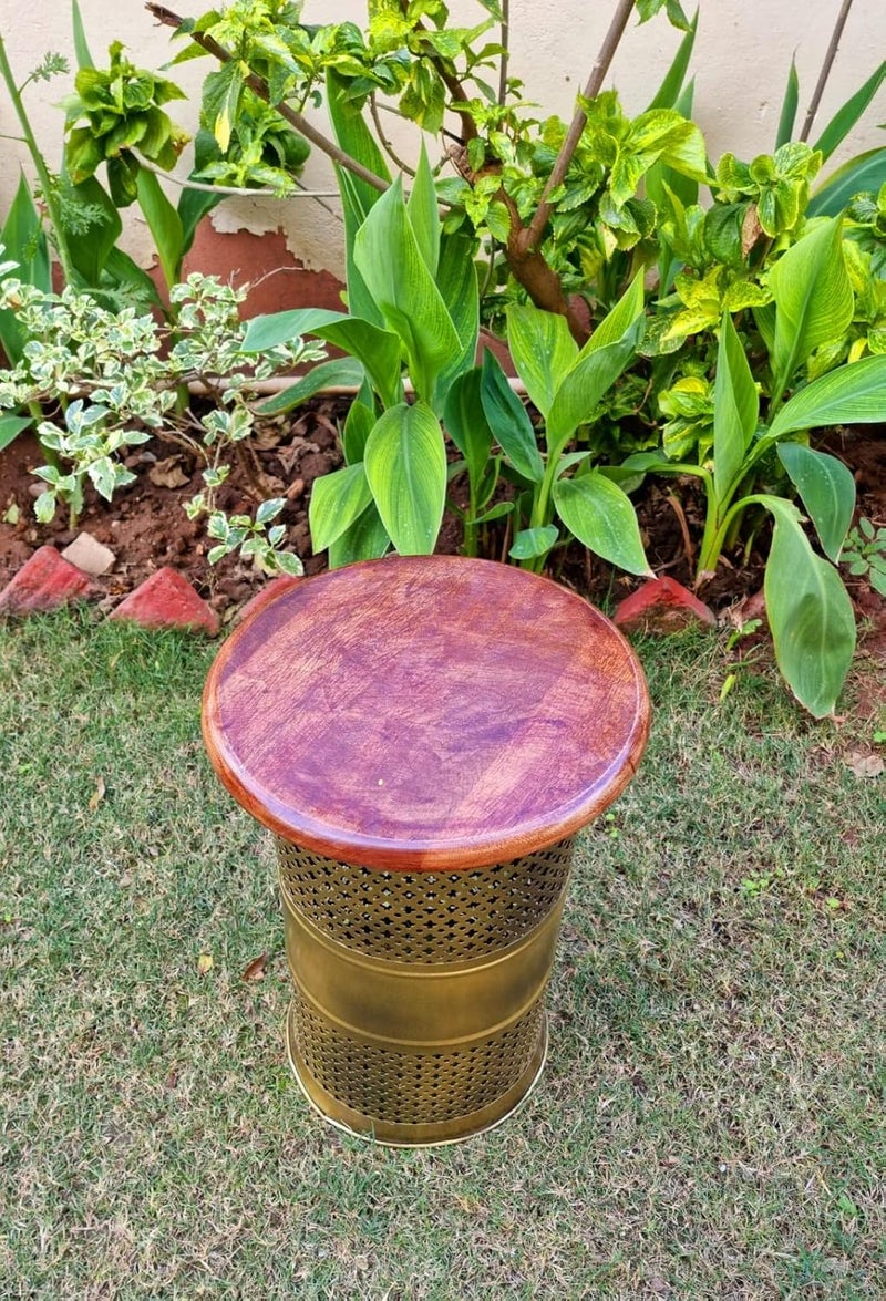 pranjals house pranjals house Beautiful Metal T-Light Sitting Stool Brass Beautiful Carving Design Side Table - Image 4