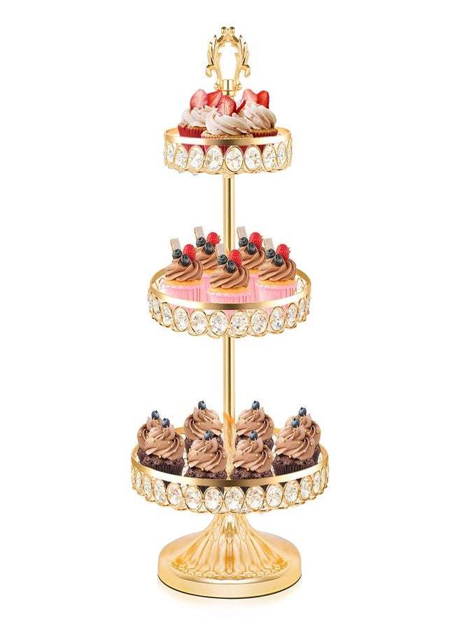 KEHAIL Round Metal Cupcake Tray Set, Crystal Dessert Display Stand for Weddings, Birthdays, Anniversaries, Party Centerpieces, Snacks and Fruit Plates (Gold, Three-Tier Cupcake Stand) - Image 1