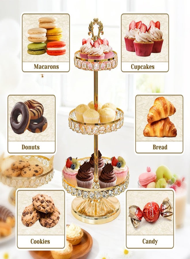 KEHAIL Round Metal Cupcake Tray Set, Crystal Dessert Display Stand for Weddings, Birthdays, Anniversaries, Party Centerpieces, Snacks and Fruit Plates (Gold, Three-Tier Cupcake Stand) - Image 4