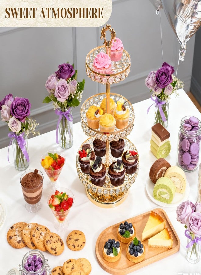 KEHAIL Round Metal Cupcake Tray Set, Crystal Dessert Display Stand for Weddings, Birthdays, Anniversaries, Party Centerpieces, Snacks and Fruit Plates (Gold, Three-Tier Cupcake Stand) - Image 5