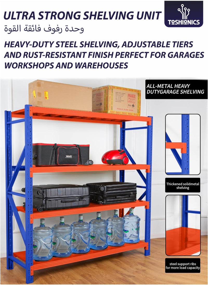 Toshionics 4-Tier Storage Shelf Heavy Duty Rack Industrial Warehouse and Garage Shelving Unit Ideal for Home Garages Kitchen Pantries Warehouses Workshops Retail Stockrooms Supermarkets Construction Sites Industrial Storage Logistics Centers Shops and Showrooms Adjustable Durable Easy to Install 200kg Load Capacity per Shelf 200 x 60 x 200cm  - Image 2