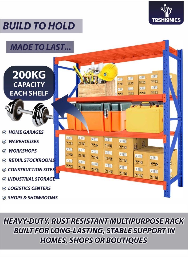 Toshionics 4-Layer Heavy Duty Storage Rack 200KG Load-Bearing Capacity Per Shelf Layer- 200x60x200cm Industrial Warehouse and Garage Shelving Unit Ideal for Home, Basements, Garages, Kitchen, Pantry, Warehouses, Workshops, Retail, Stockrooms, Supermarkets, Factory, Construction Sites, Industrial Storage Unit, Logistics Centers, Shops and Showrooms- Adjustable, Durable Steel, Easy to Install Shelves  - Image 2