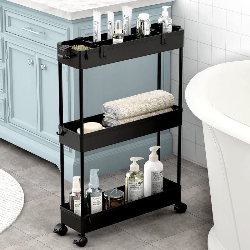 SPACELEAD Slim Storage Cart 3 TierBathroom Organizer Rolling UtilityMobile Shelving Unit Slide Out for Office Kitchen Laundry Room  Narrow PlacesBlack