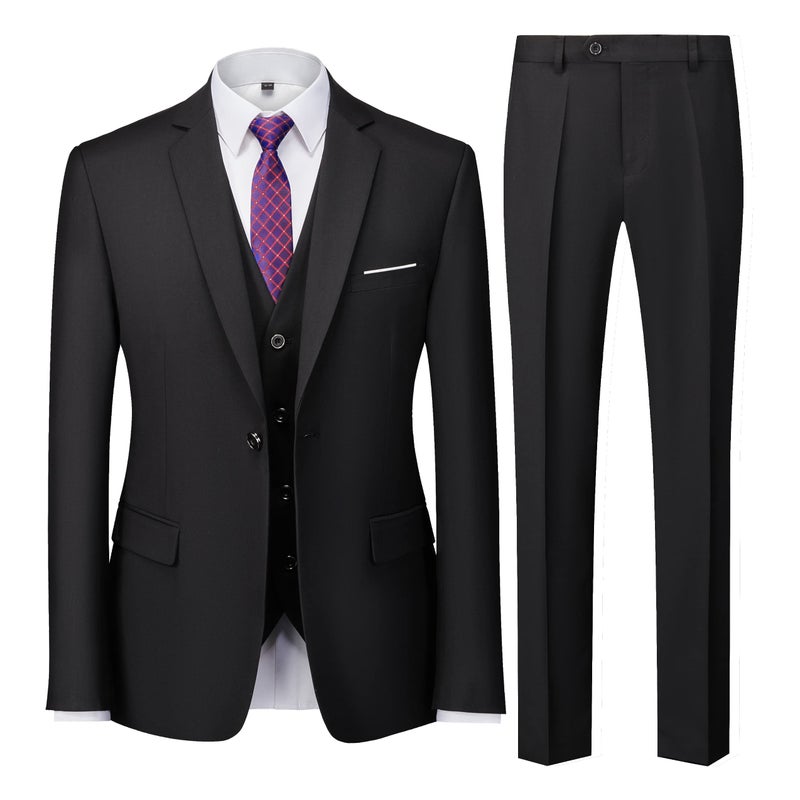 UNINUKOO Men Suits Slim Fit 3 Piece 1 Button Wedding Formal Business Tuxedo Suit Jacket Pants Vest Set US Size L Black - Image 2