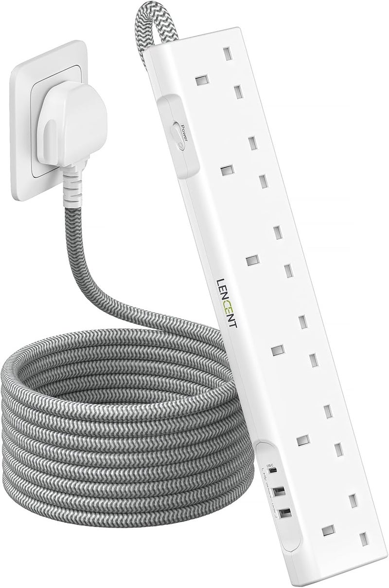 لينسينت مقبس تمديد بمنفذ USB-C، 3250 واط 13 أمبير، 6 منافذ مع 1 USB-C و 2 USB، سلك تمديد متعدد الطاقة بطول 1.8 متر مضفر، للمكتب المنزلي، أبيض - Image 1