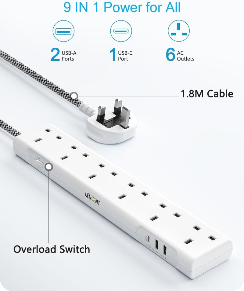 لينسينت مقبس تمديد بمنفذ USB-C، 3250 واط 13 أمبير، 6 منافذ مع 1 USB-C و 2 USB، سلك تمديد متعدد الطاقة بطول 1.8 متر مضفر، للمكتب المنزلي، أبيض - Image 2