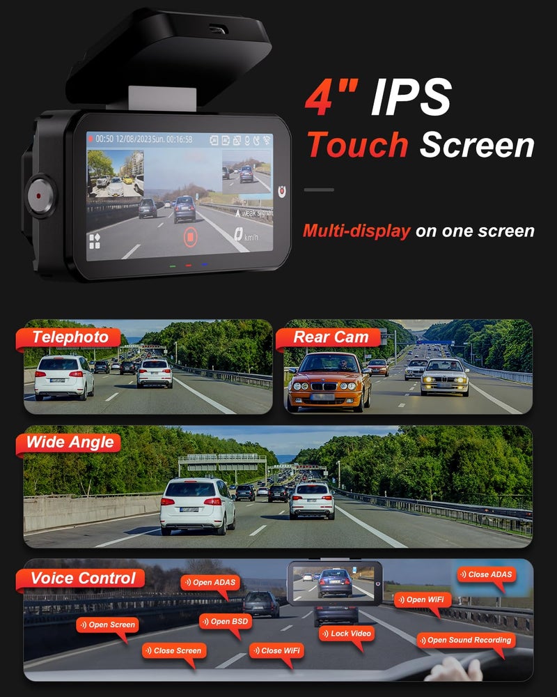AKEEYO كاميرا داش AKEEYO 3 قناة واي فاي أمامية وخلفية، شاشة تعمل باللمس IPS بحجم 4 بوصات، كاميرا داش 2K*3 أمامية مع GPS، نظام مساعدة السائق المتقدم (ADAS) ونظام الكشف عن النقاط العمياء (BSD)، رؤية ليلية WDR، تحكم صوتي، تطبيق، مستشعر G، وضع وقوف السيارات على مدار 24 ساعة، 64 جيجابايت متضمنة - Image 5