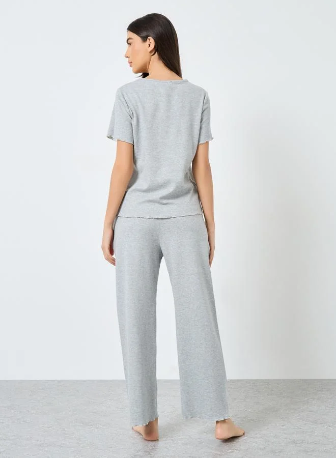 Take Two Take Two Lettuce Edge Embroidered T-Shirt and Pyjama Set