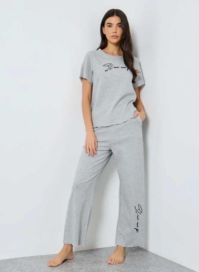 Take Two Take Two Lettuce Edge Embroidered T-Shirt and Pyjama Set