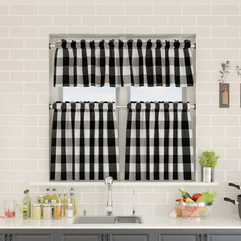 Natus Weaver Buffalo Check Kitchen Tier Curtais 24 Inghs Long Plaid Gingham Rod Pocket Classic Cafe Stertains Country Farmhouse Half Stretains 2 لوحين بالأبيض والأسود - Image 5