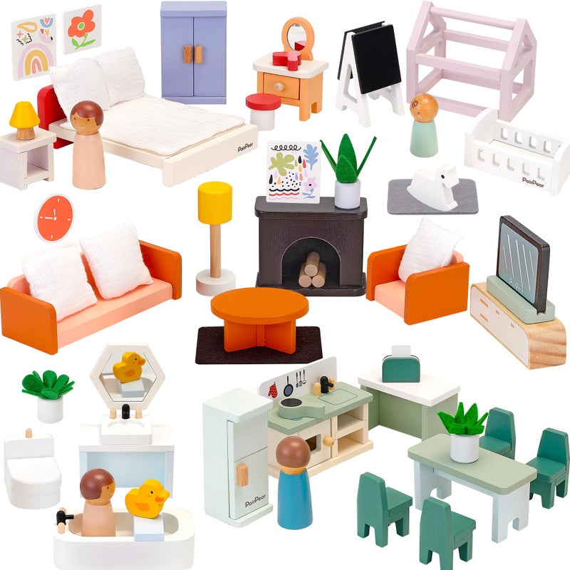 PairPear Wooden Dollhouse Furniture Set  56Piece Modern Family Home with 5 Rooms Solid Wood Dollhouse Furniture for Kids MontessoriInspired Pretend Play Toy Ages 3 - Image 3