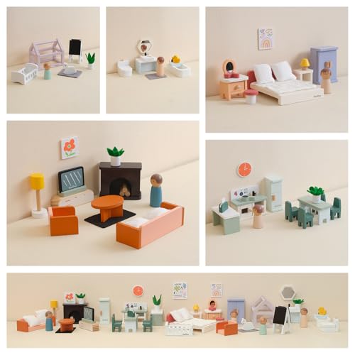 PairPear Wooden Dollhouse Furniture Set  56Piece Modern Family Home with 5 Rooms Solid Wood Dollhouse Furniture for Kids MontessoriInspired Pretend Play Toy Ages 3 - Image 5