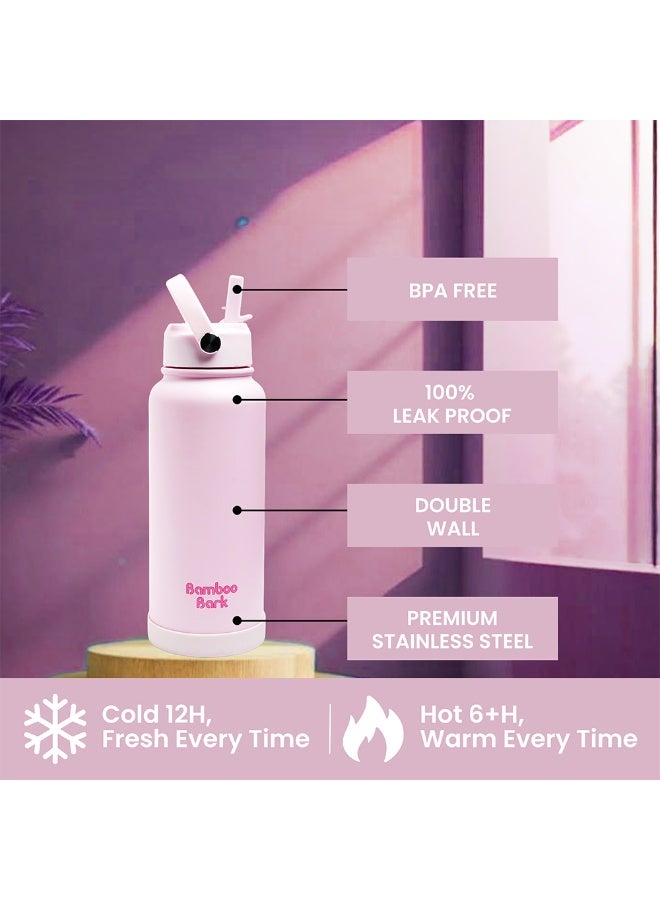 Bamboo Bark 1000 ML Insulated Water Bottle with Sipper Lid – Stainless Steel Double Wall Vacuum Flask for Hot & Cold Water Leak-Proof, Reusable Sports Thermos Bottle - (Blush Pink) - Image 2