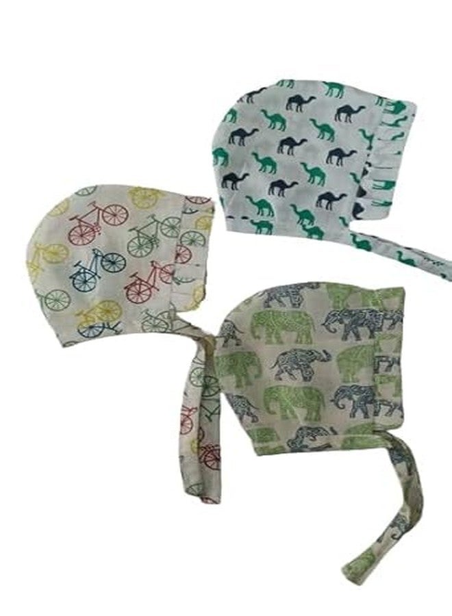 VIYANSHI Born Infant Baby Soft Pure Cotton White Caps with Tai Knot and Bonnet Infant Unisex White Printed 100% Cotton caps with taing Knot dori Pack of 3 (in, Age, 0 Months, 3 Months, Multiolour-2) - Image 1