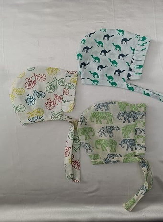 VIYANSHI Born Infant Baby Soft Pure Cotton White Caps with Tai Knot and Bonnet Infant Unisex White Printed 100% Cotton caps with taing Knot dori Pack of 3 (in, Age, 0 Months, 3 Months, Multiolour-2) - Image 2