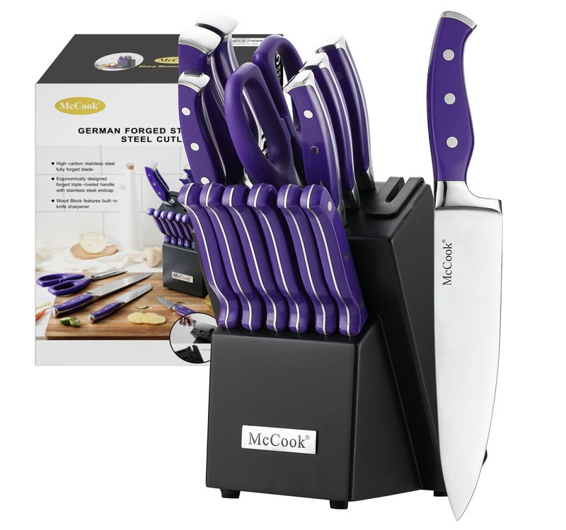 McCook MC27 14 Pieces Stainless Steel kitchen knife set with Wooden Block, Kitchen Scissors and Built-in Sharpener, Purple - Image 1