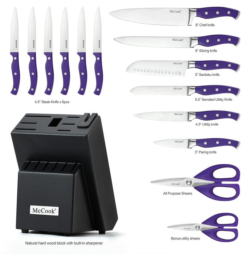 McCook MC27 14 Pieces Stainless Steel kitchen knife set with Wooden Block, Kitchen Scissors and Built-in Sharpener, Purple - Image 2