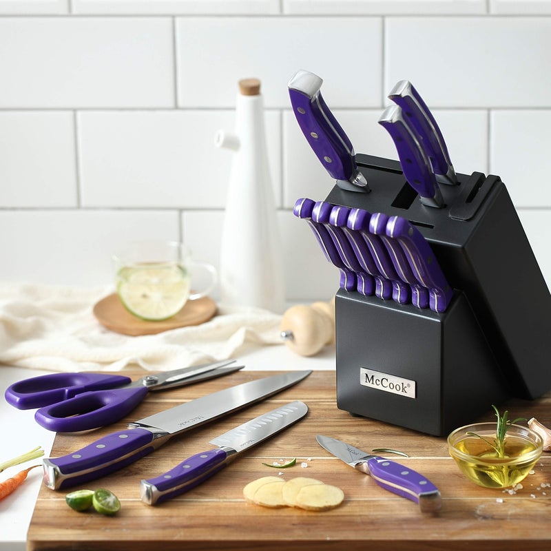 McCook MC27 14 Pieces Stainless Steel kitchen knife set with Wooden Block, Kitchen Scissors and Built-in Sharpener, Purple - Image 4