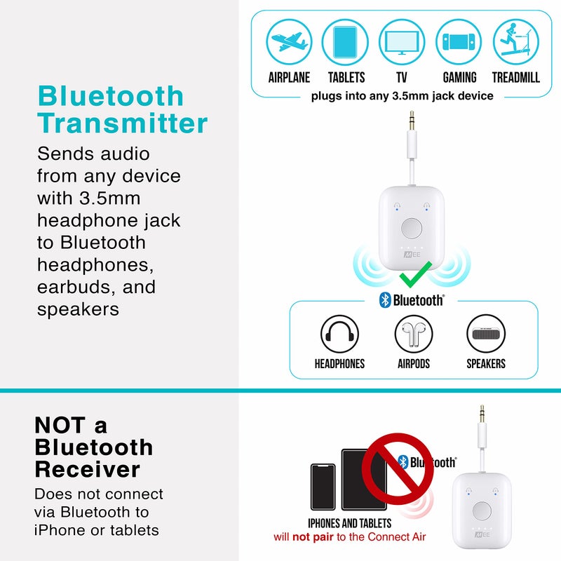 MEE Audio محول الصوت اللاسلكي بلوتوث MEE audio Connect Air للرحلات الجوية لعدد يصل إلى 2 من AirPods / سماعات أخرى؛ يعمل مع جميع مقابس 3.5mm Aux على الطائرات، معدات الصالة الرياضية، أجهزة التلفاز، وأجهزة الألعاب. - Image 5